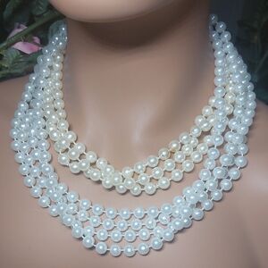 2 Faux Pearl Plastic Bead Very Long Necklaces White & Cream Lot